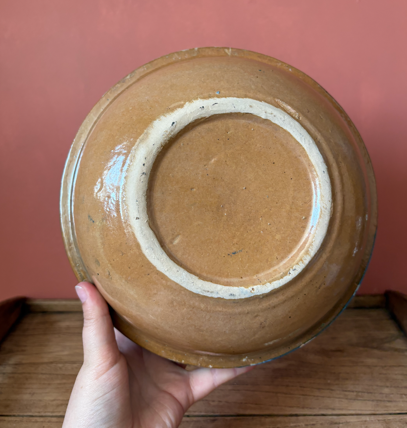 Large Blue Romanian Slipware Serving Bowl