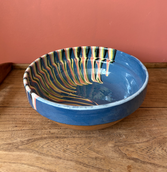 Large Blue Romanian Slipware Serving Bowl
