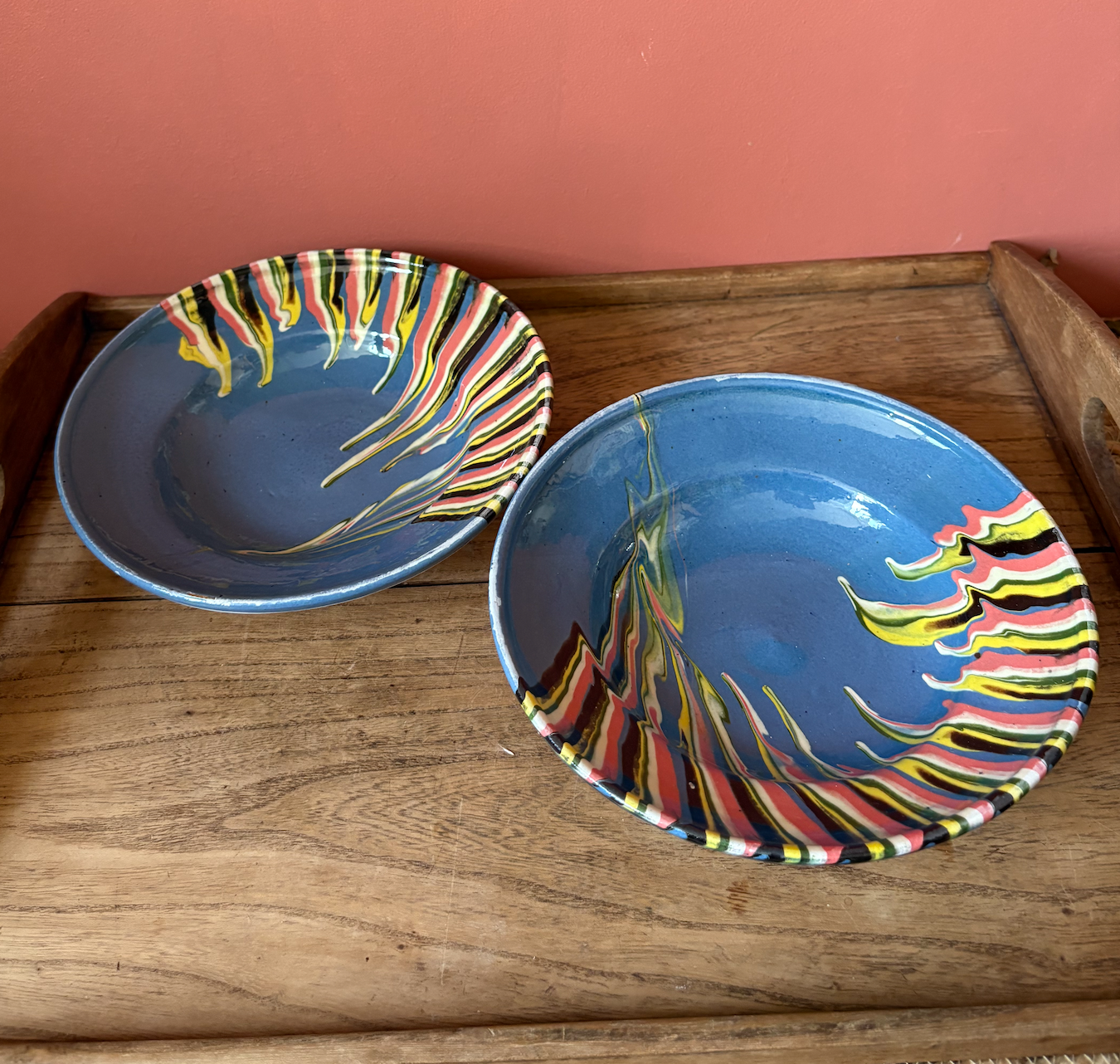 Pair of Shallow Romanian Slipware Blue Bowls