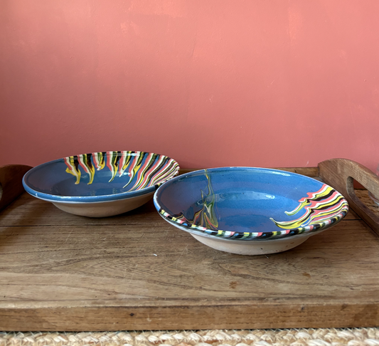 Pair of Shallow Romanian Slipware Blue Bowls