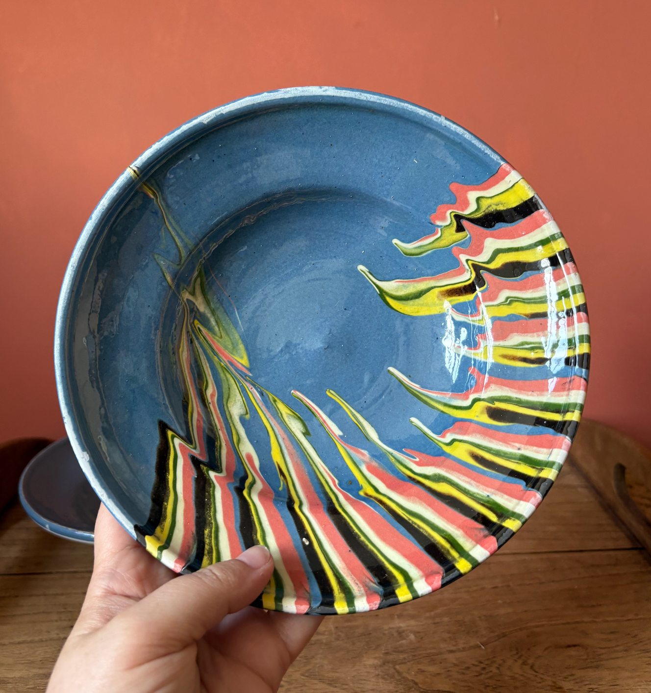 Pair of Shallow Romanian Slipware Blue Bowls