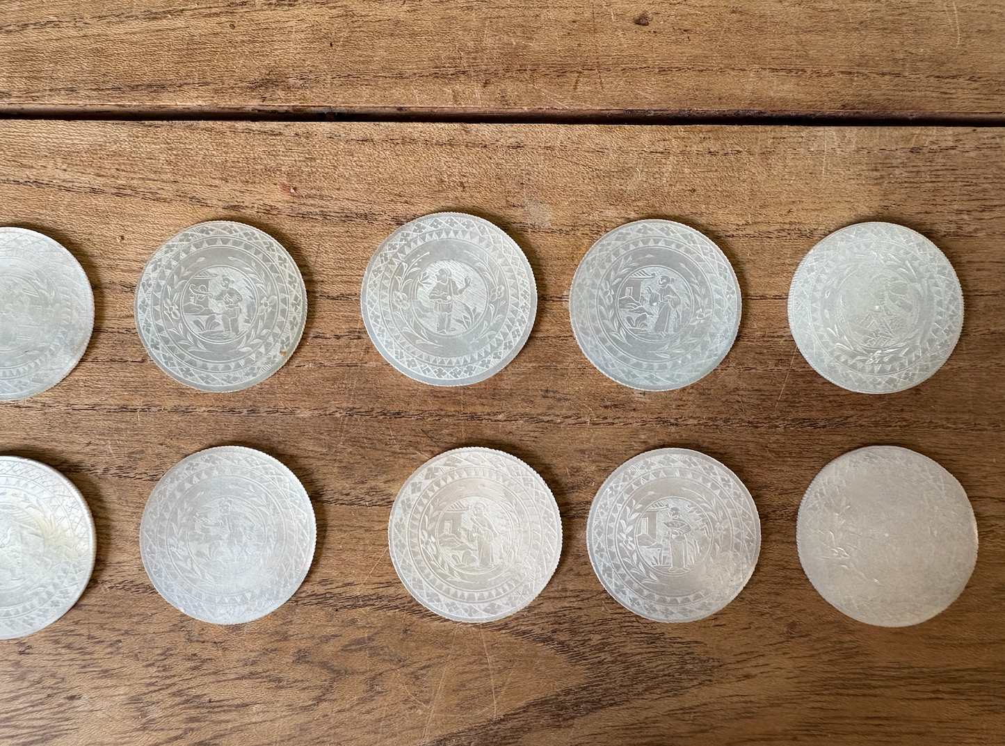Set of 12 Antique Chinese Mother of Pearl Gaming Tokens