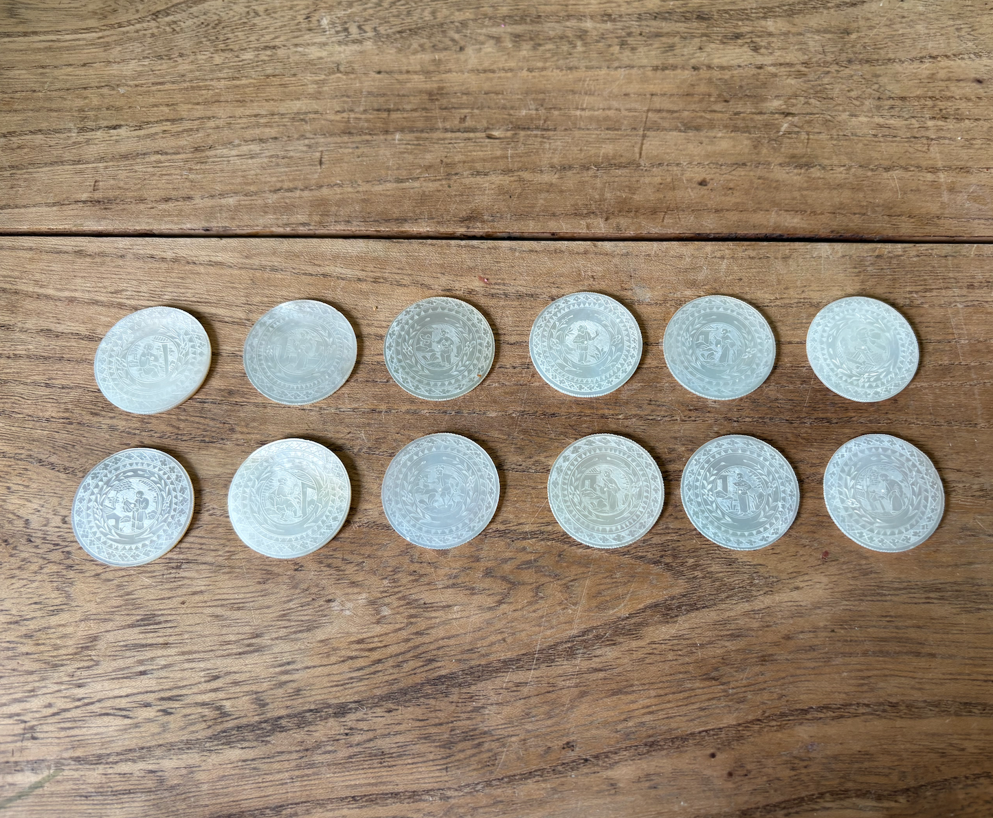 Set of 12 Antique Chinese Mother of Pearl Gaming Tokens