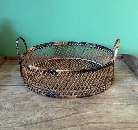 Finely Handwoven Thin Pencil Rattan Reed Ear Handle Round Basket Tray