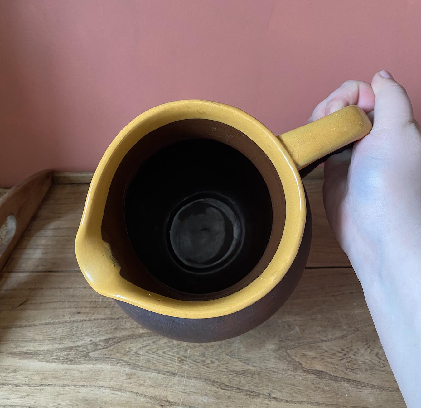 Rustic Vintage West Country Terracotta Jug | Slip Glaze Yellow Rim