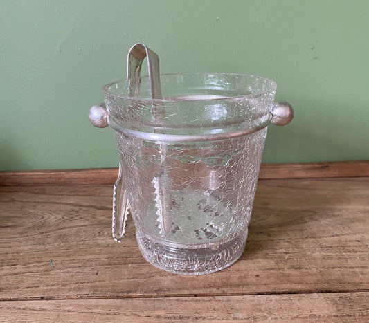 Retro Crackled Glass Ice Bucket with Silver Tongs and base tray