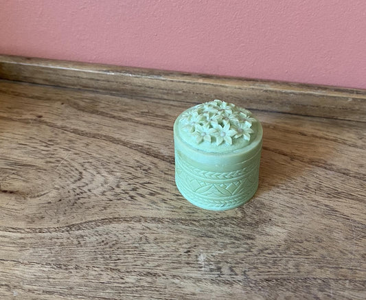 Pale Green Floral Carved Soapstone Miniature Lidded Trinket / Jewellery Box