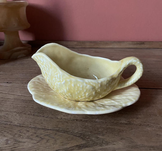 Yellow Mismatched Cabbage Leaf Sauce Boat & Saucer