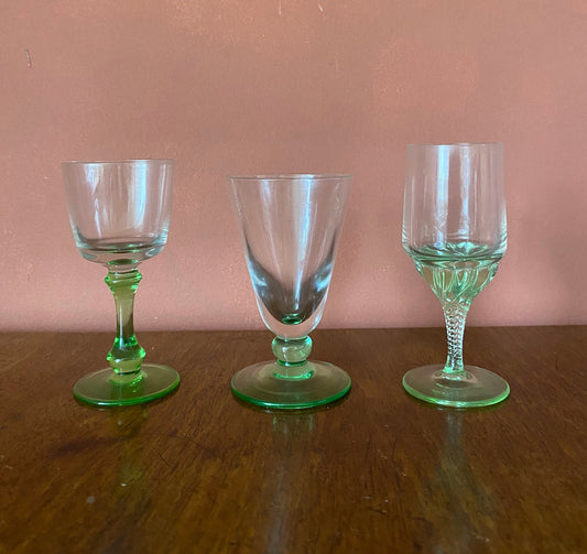 Three Mini Mis-matched Green & Clear Glass Glasses