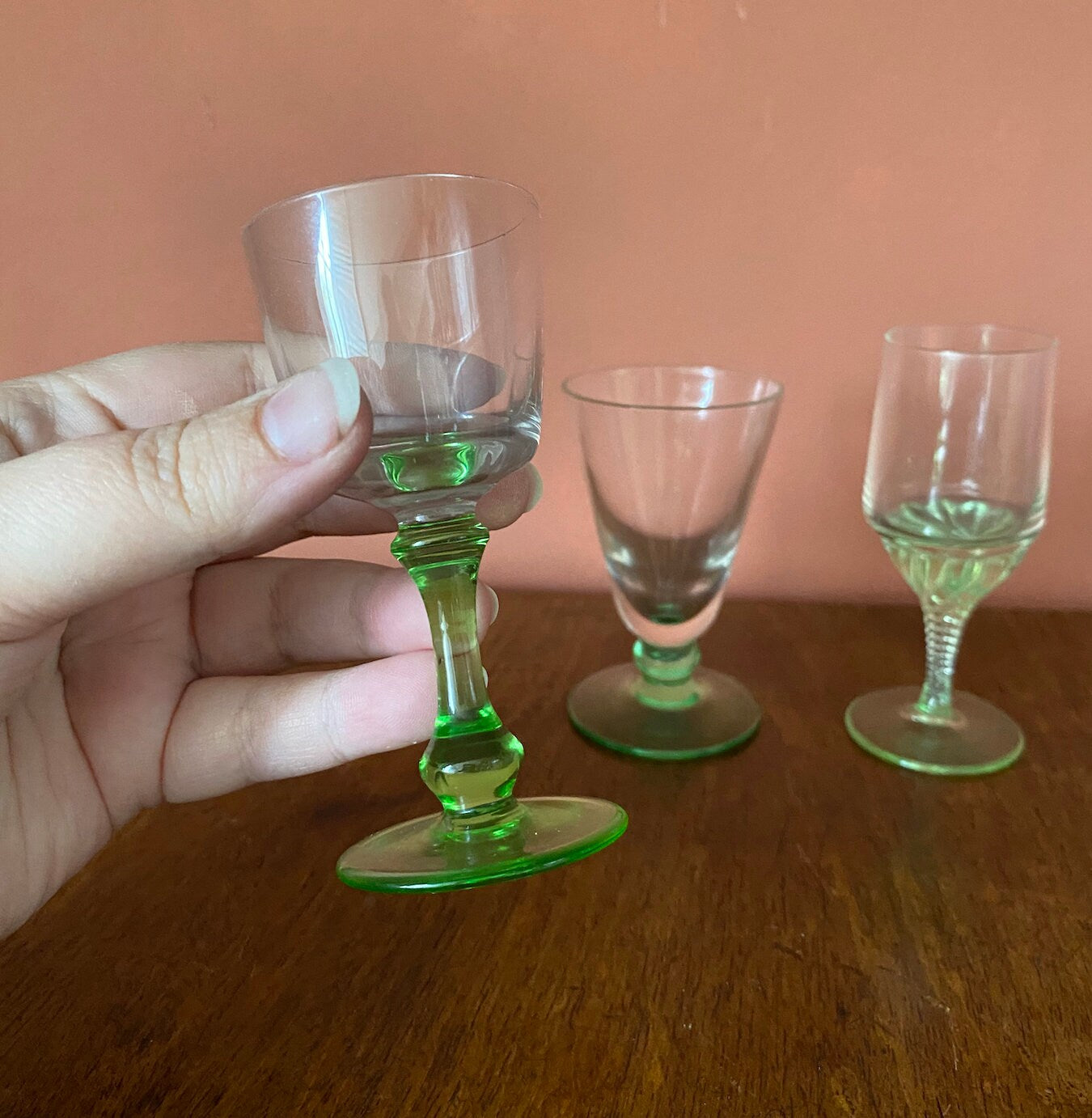 Three Mini Mis-matched Green & Clear Glass Glasses