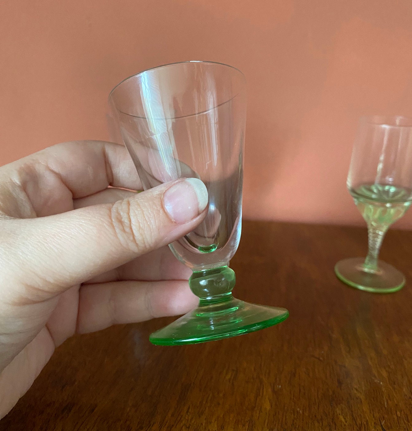 Three Mini Mis-matched Green & Clear Glass Glasses