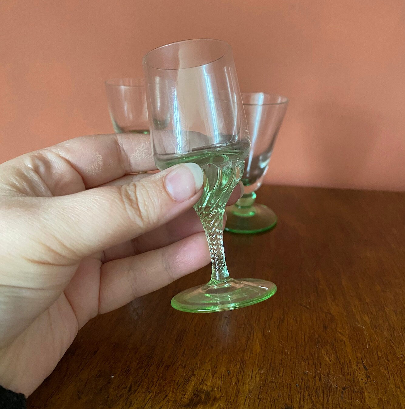Three Mini Mis-matched Green & Clear Glass Glasses