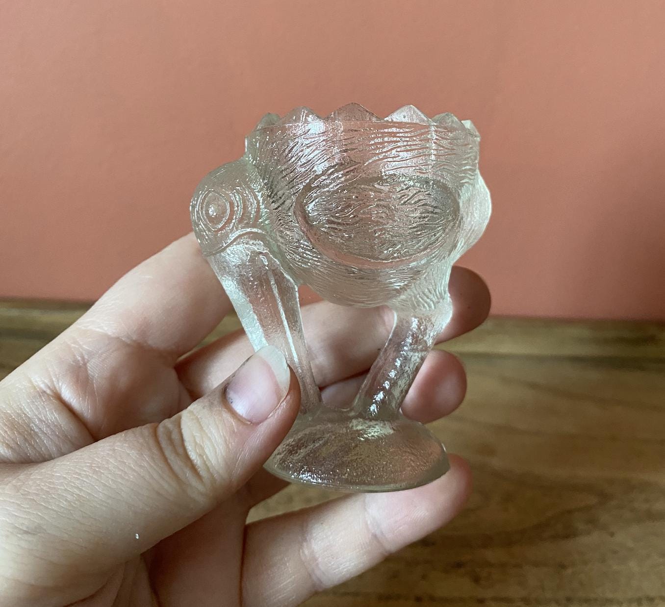 Vintage Moulded Clear Glass Kiwi Stork Bird Egg Cup