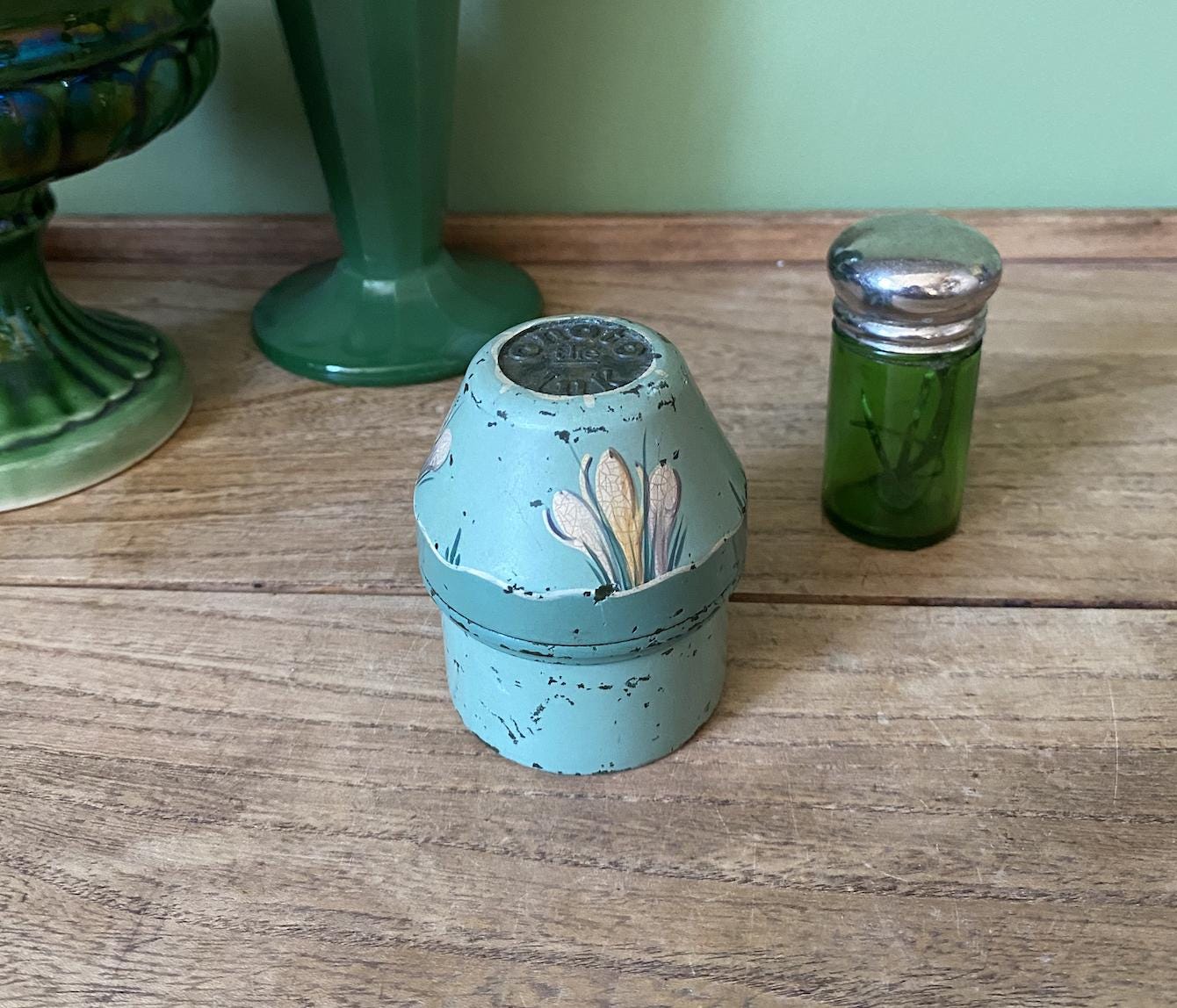 Vintage Onoto The Ink Blue Bakelite Ink Well Case Container - Handpainted