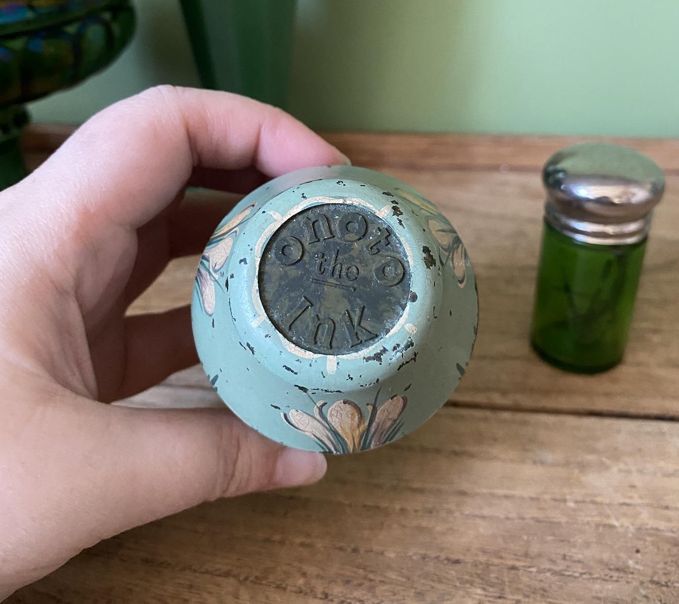 Vintage Onoto The Ink Blue Bakelite Ink Well Case Container - Handpainted
