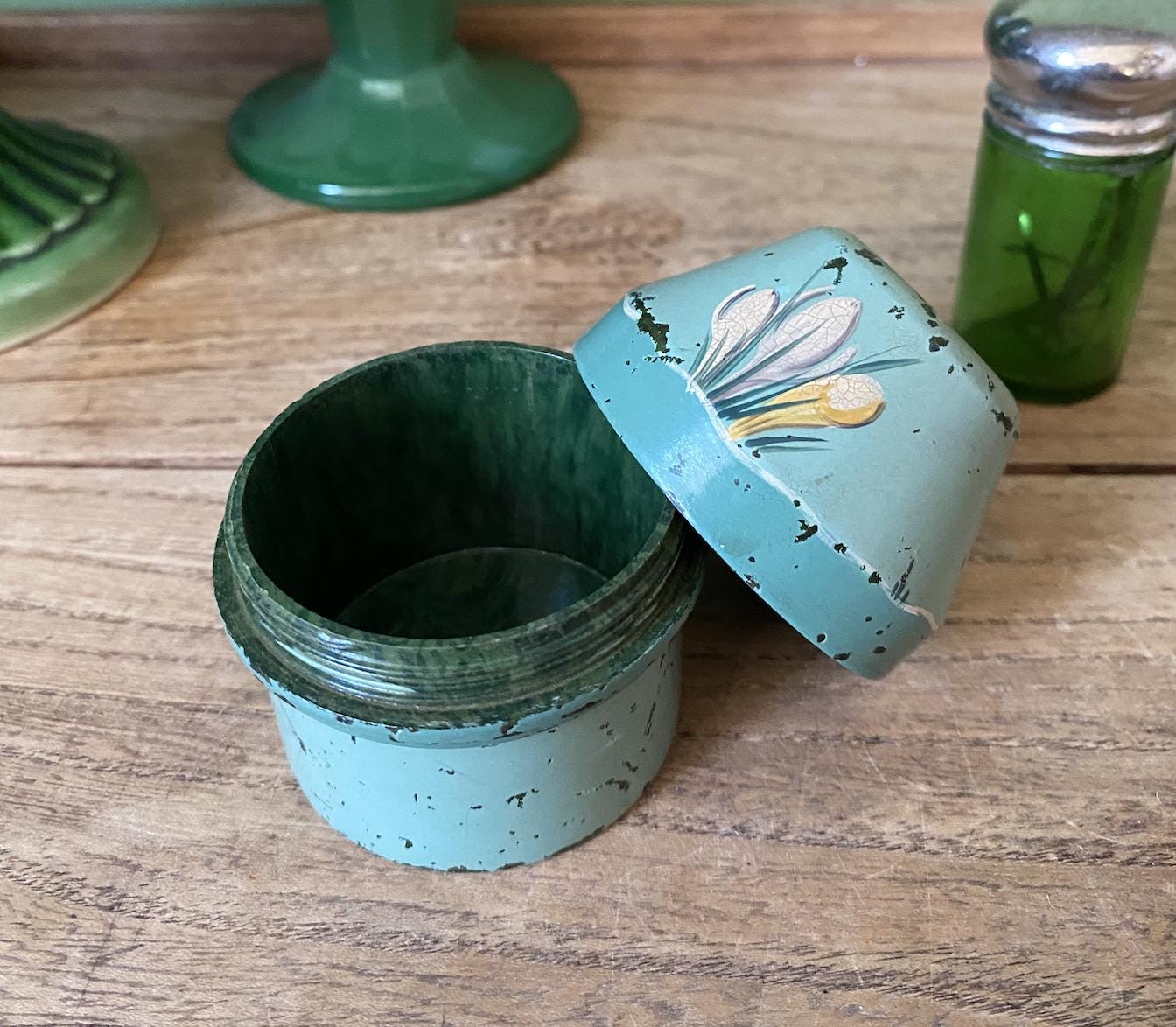 Vintage Onoto The Ink Blue Bakelite Ink Well Case Container - Handpainted