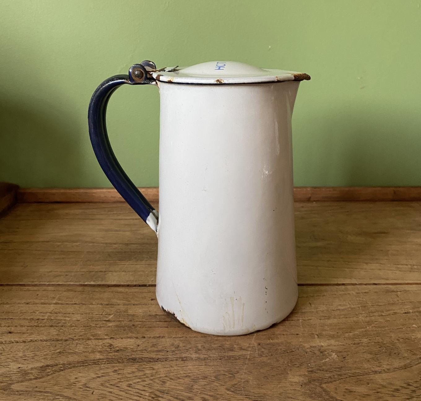 Reclaimed Enamel jug with Hot Water Lettering