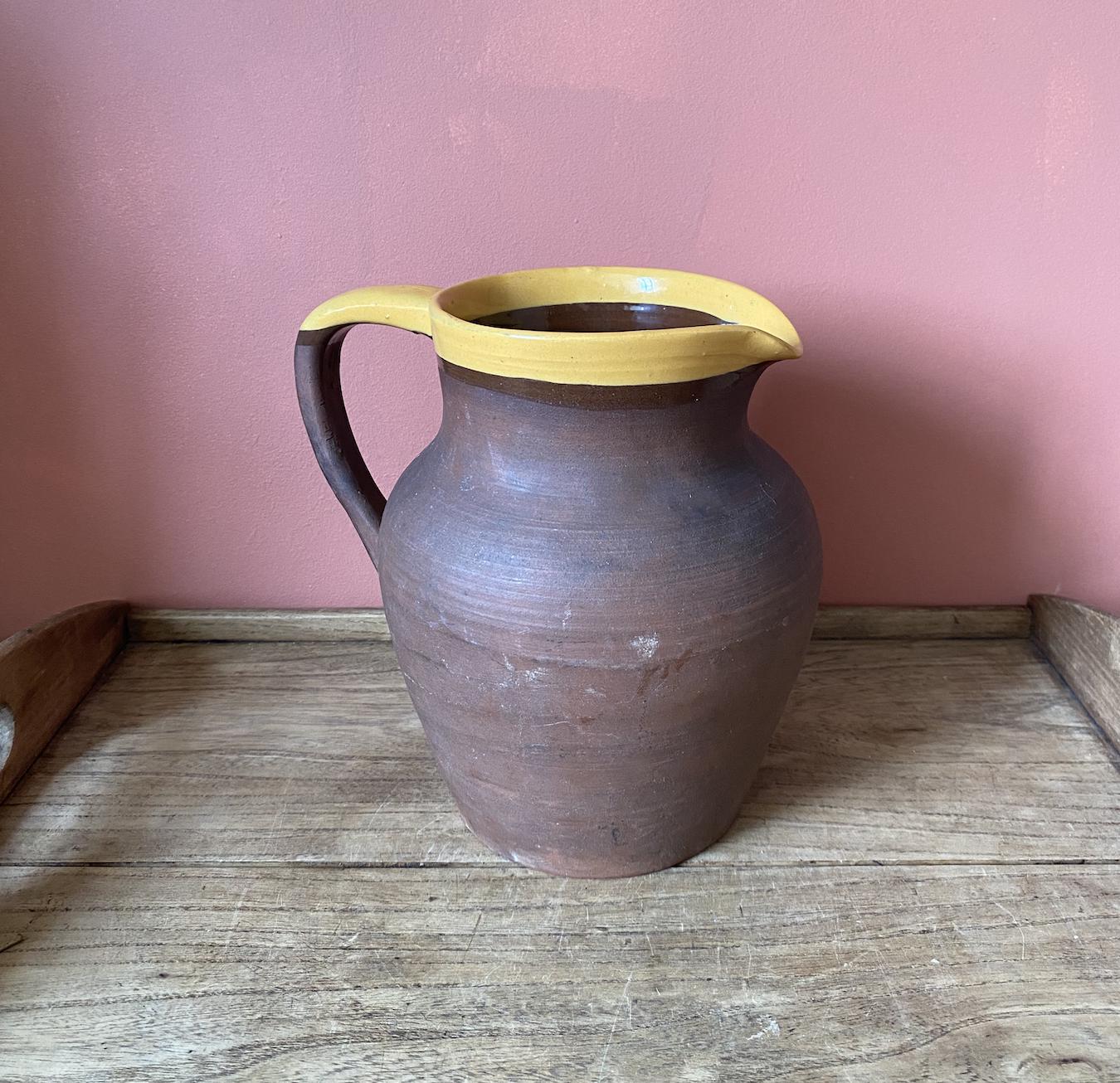 Rustic Vintage West Country Terracotta Jug | Slip Glaze Yellow Rim