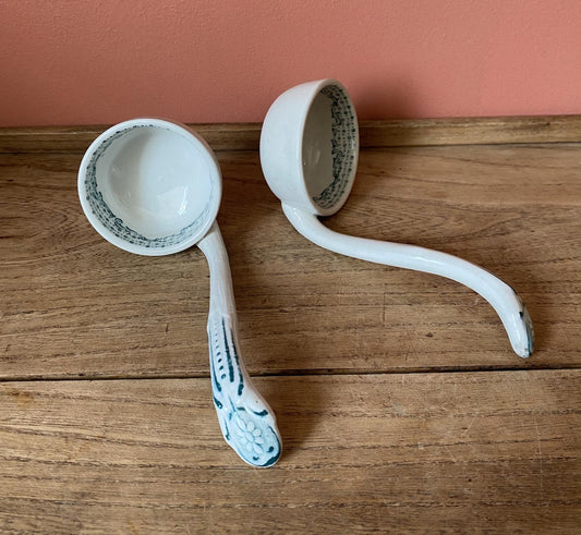 Set of two Ceramic White & Teal decorated Ladles