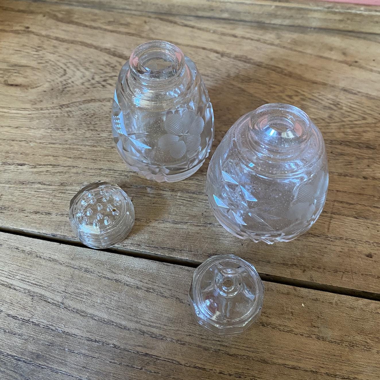 Cut Glass & Etched Salt and Pepper Shakers