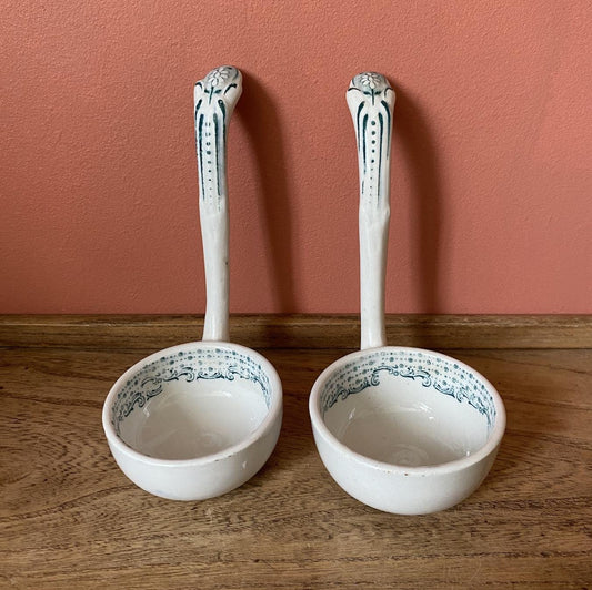 Set of two Ceramic White & Teal decorated Ladles