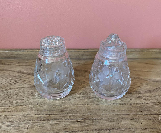 Cut Glass & Etched Salt and Pepper Shakers