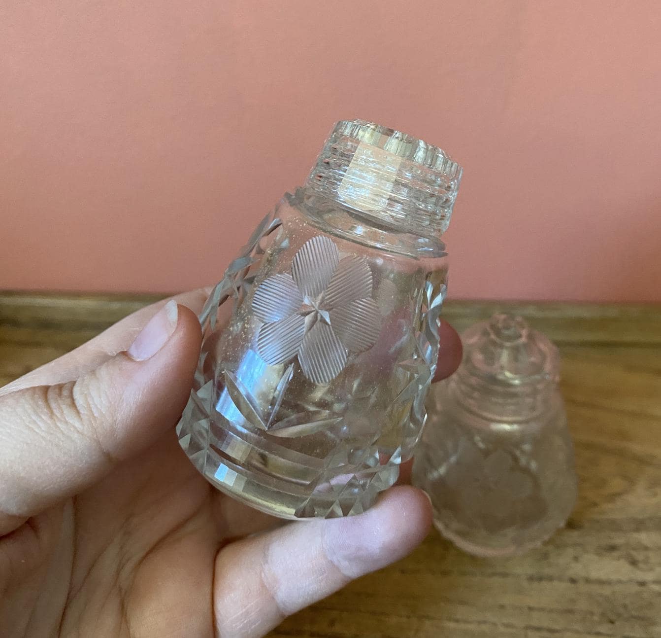 Cut Glass & Etched Salt and Pepper Shakers