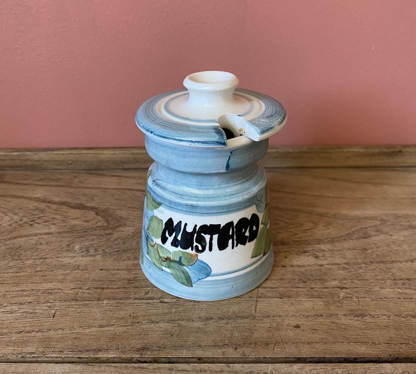 Vintage Moulin Huet Pottery Hand Painted Mustard Pot