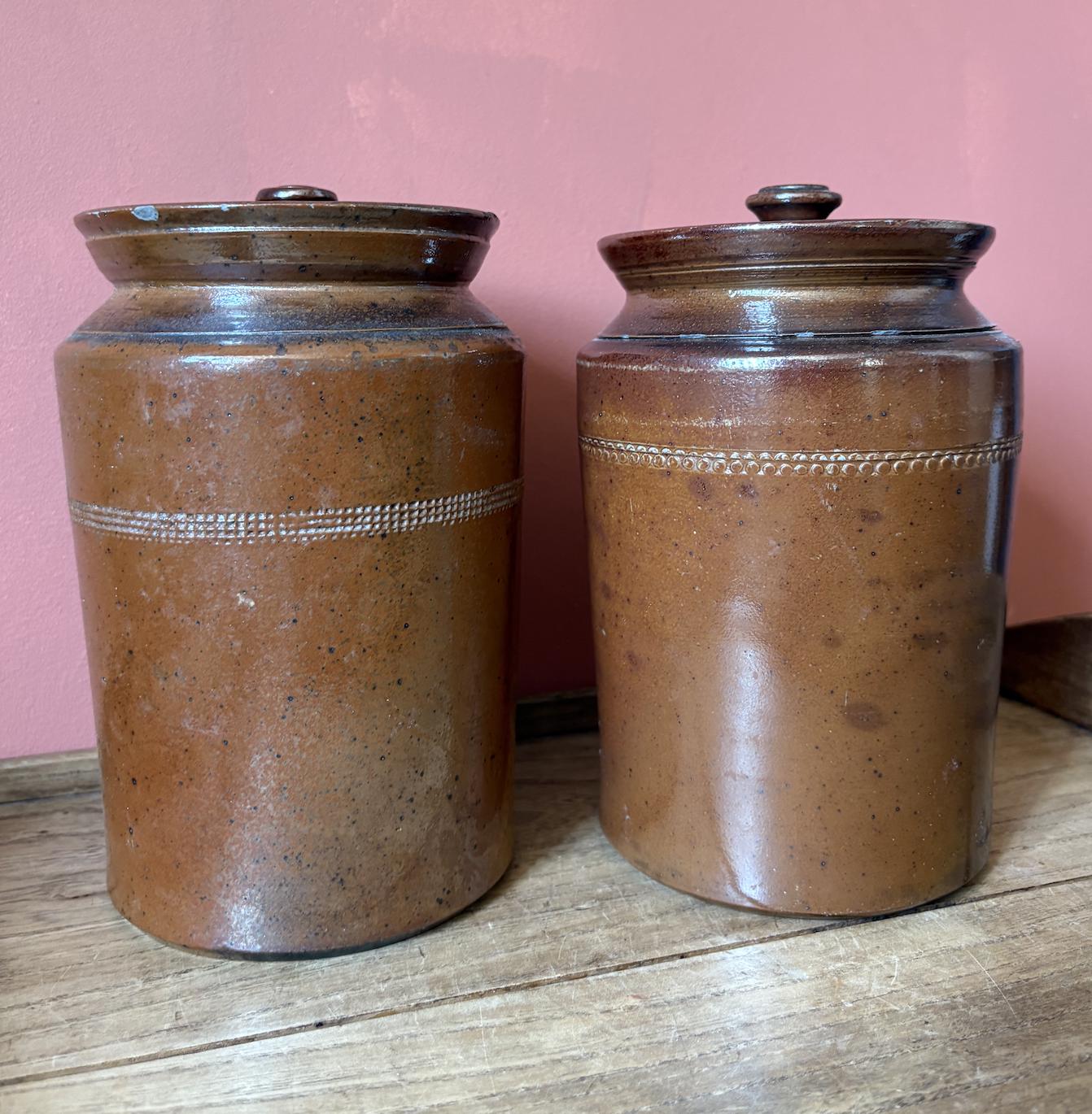 Non Matching Pair of Salt Glaze Lidded Storage Pots