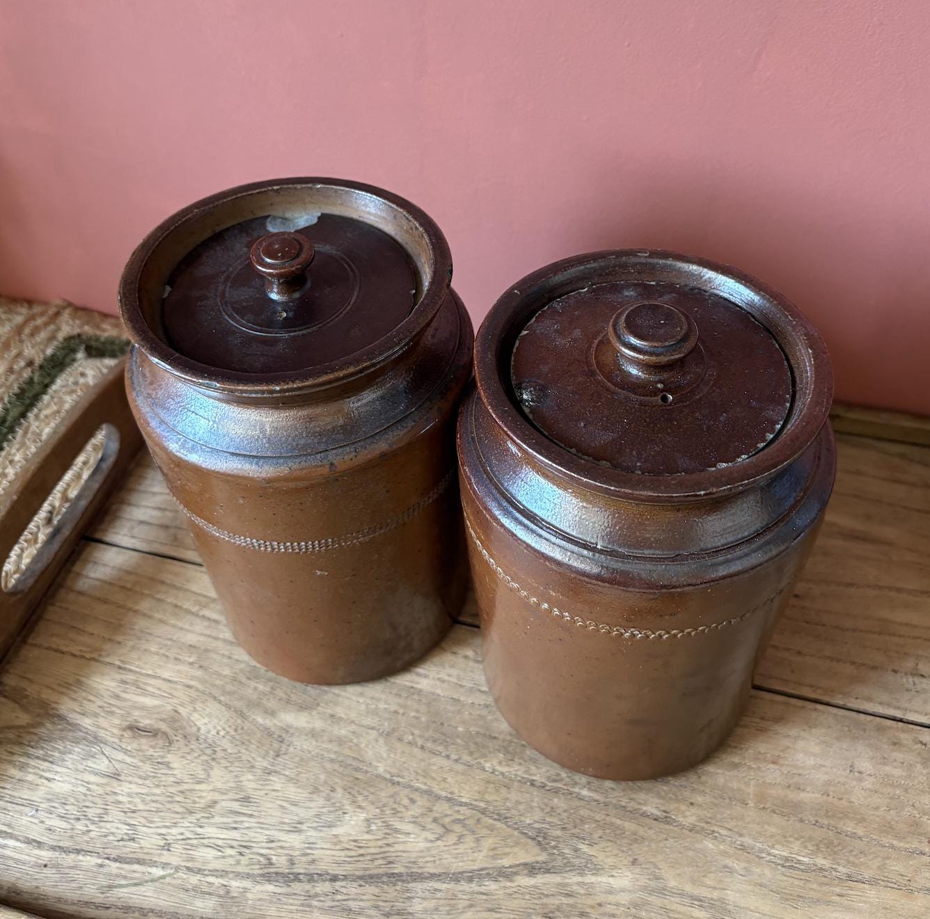 Non Matching Pair of Salt Glaze Lidded Storage Pots