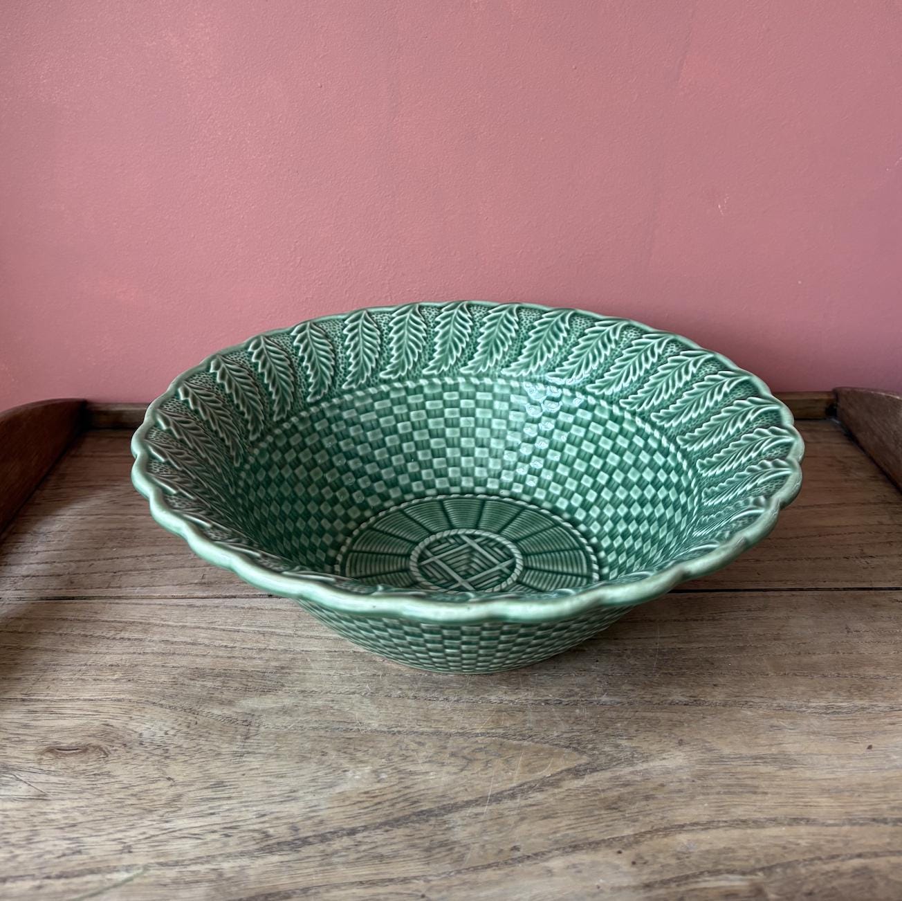 Bordallo Pinheiro Green Basket Weave Serving Bowl