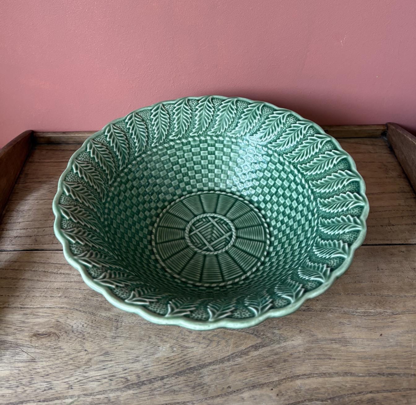 Bordallo Pinheiro Green Basket Weave Serving Bowl