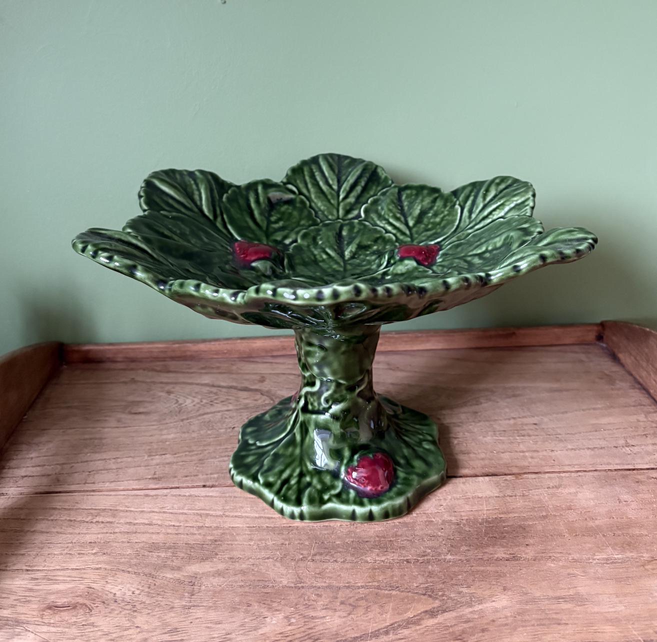 Olfaire Portuguese Majolica Strawberry Leaf Pedestal Bowl | Compote