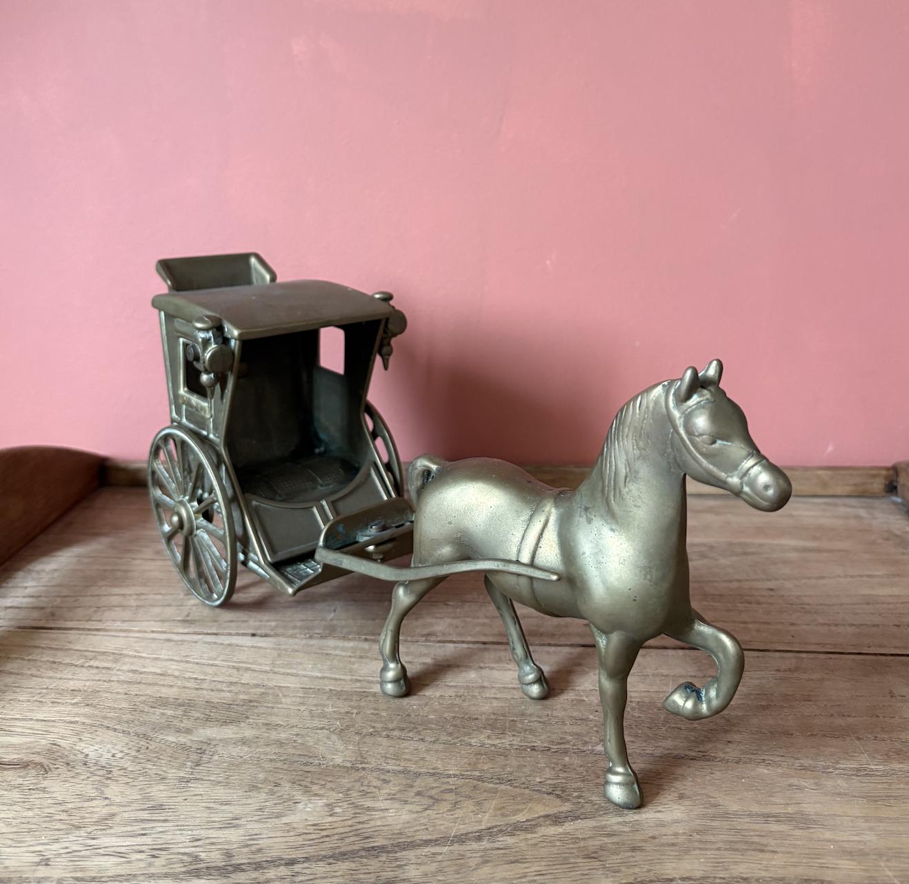 Brass Horse & Hackney Carriage | Vintage Brass Figure | Working Wheels | Detailed Display Piece
