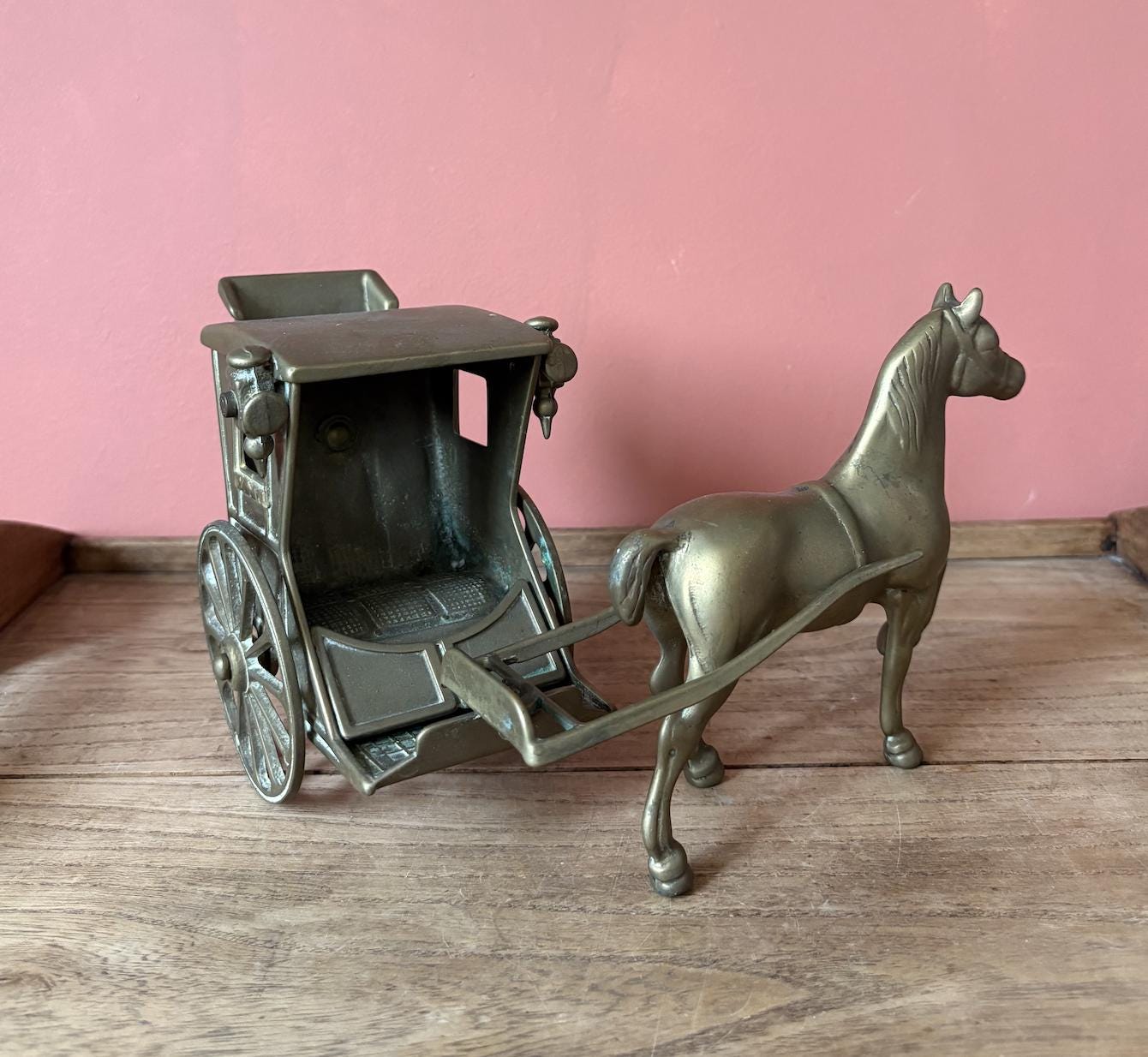 Brass Horse & Hackney Carriage | Vintage Brass Figure | Working Wheels | Detailed Display Piece