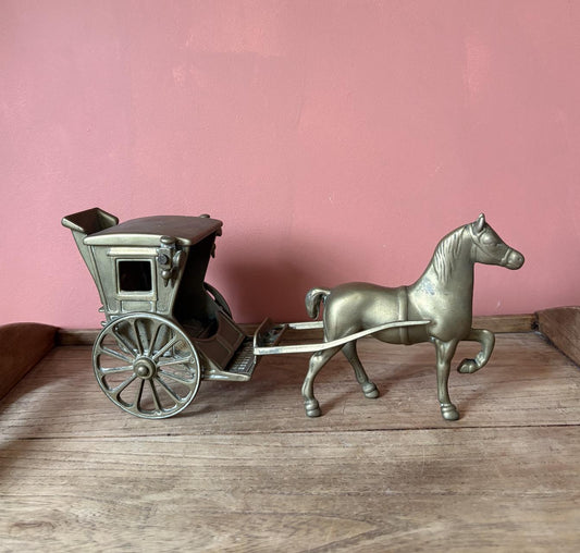 Brass Horse & Hackney Carriage | Vintage Brass Figure | Working Wheels | Detailed Display Piece