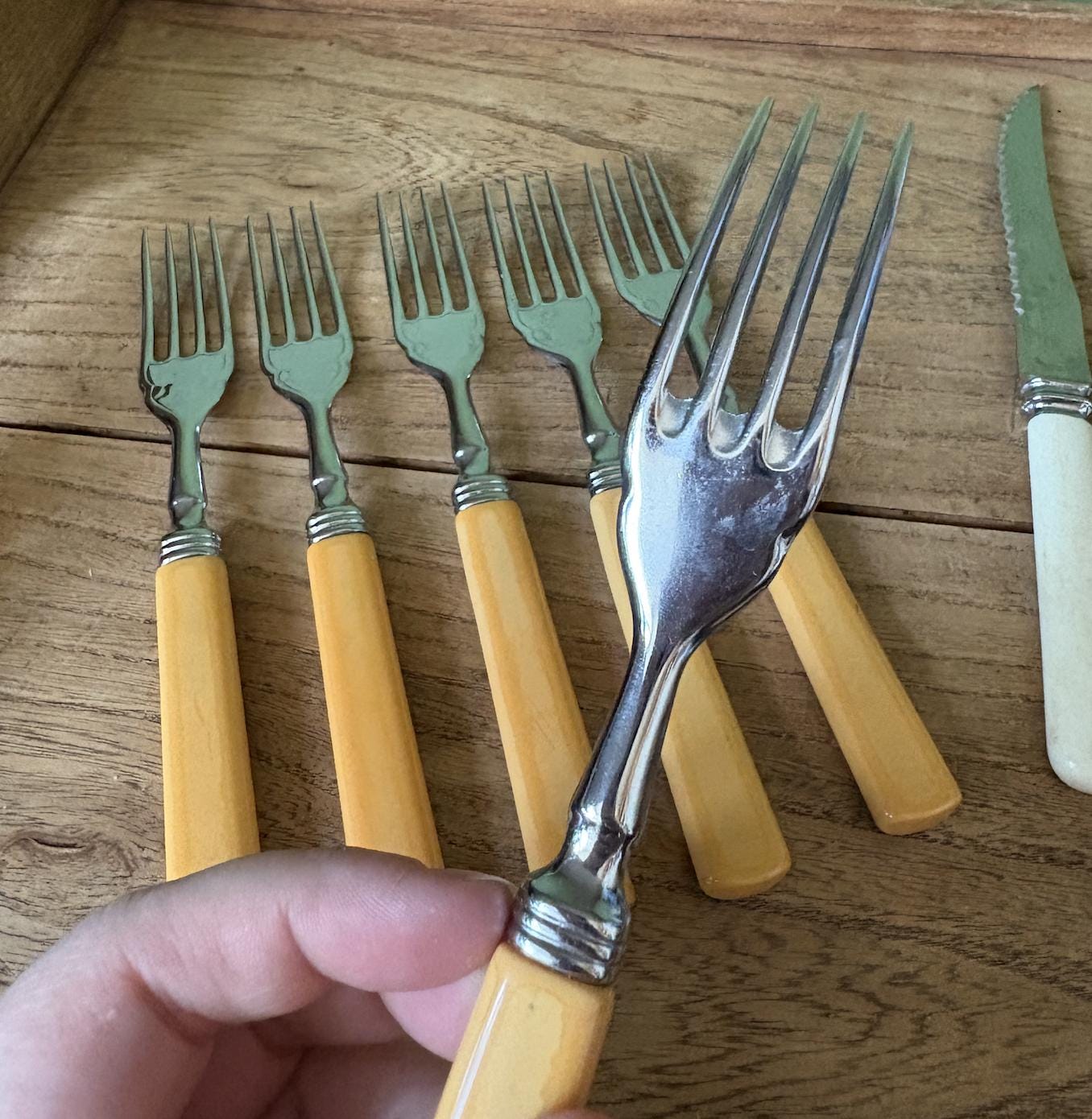 Fork Set (6) Yellow Plastic Handles - Embellished Tines