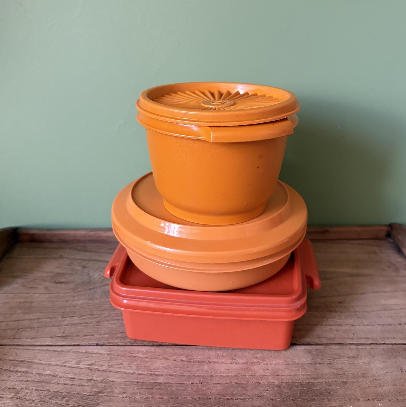 Trio of Orange Tupperware Containers - Mixed Sizes
