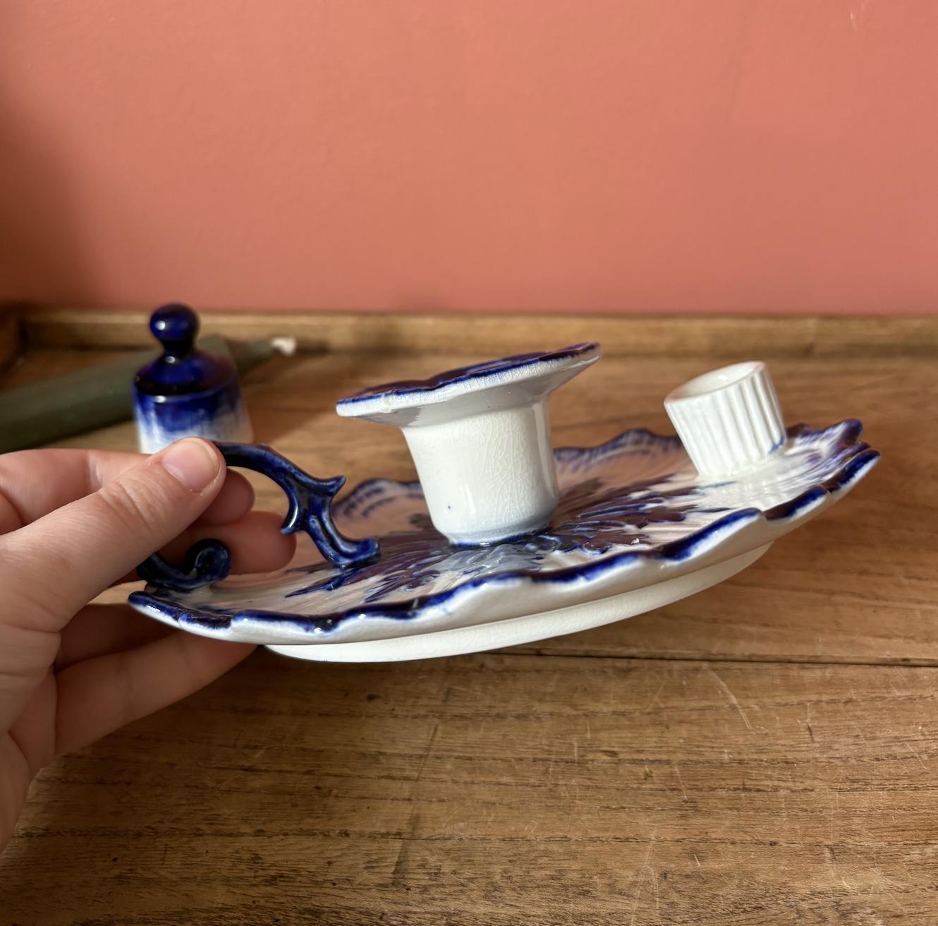 Royal Staffordshire Cobalt Blue and White Ceramic Chamber Stick with Snuf