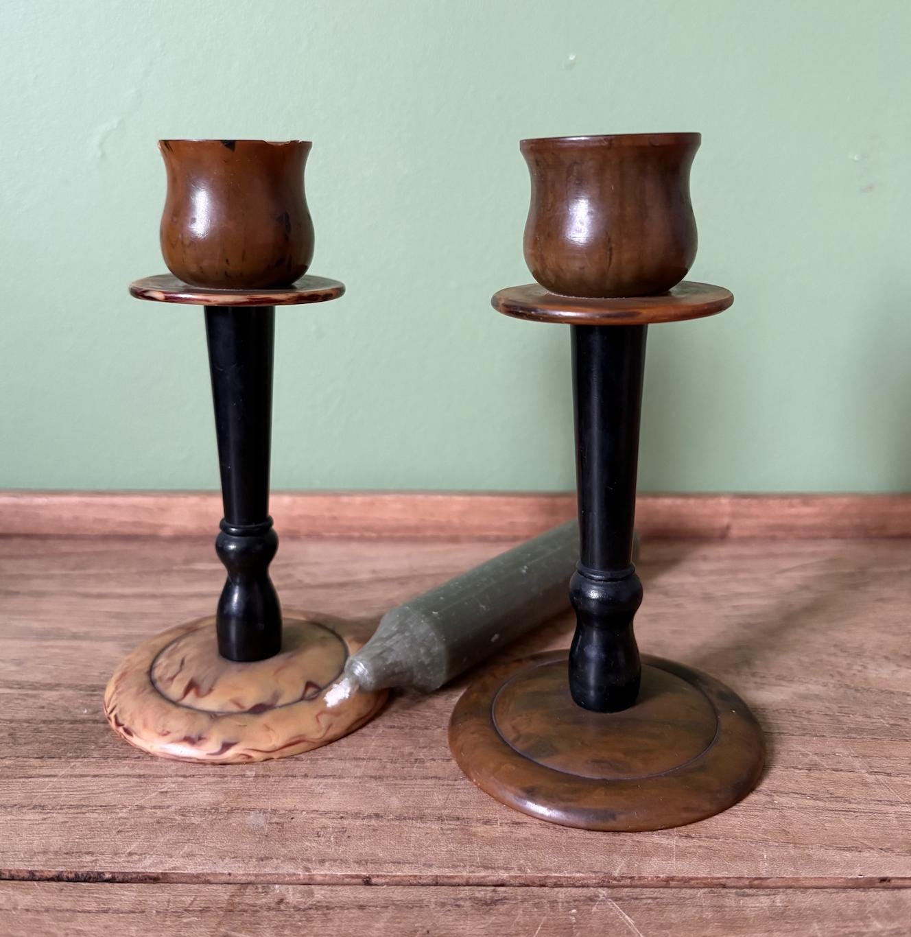 Non Matching Pair of Bakerlite Candle Stick Holders