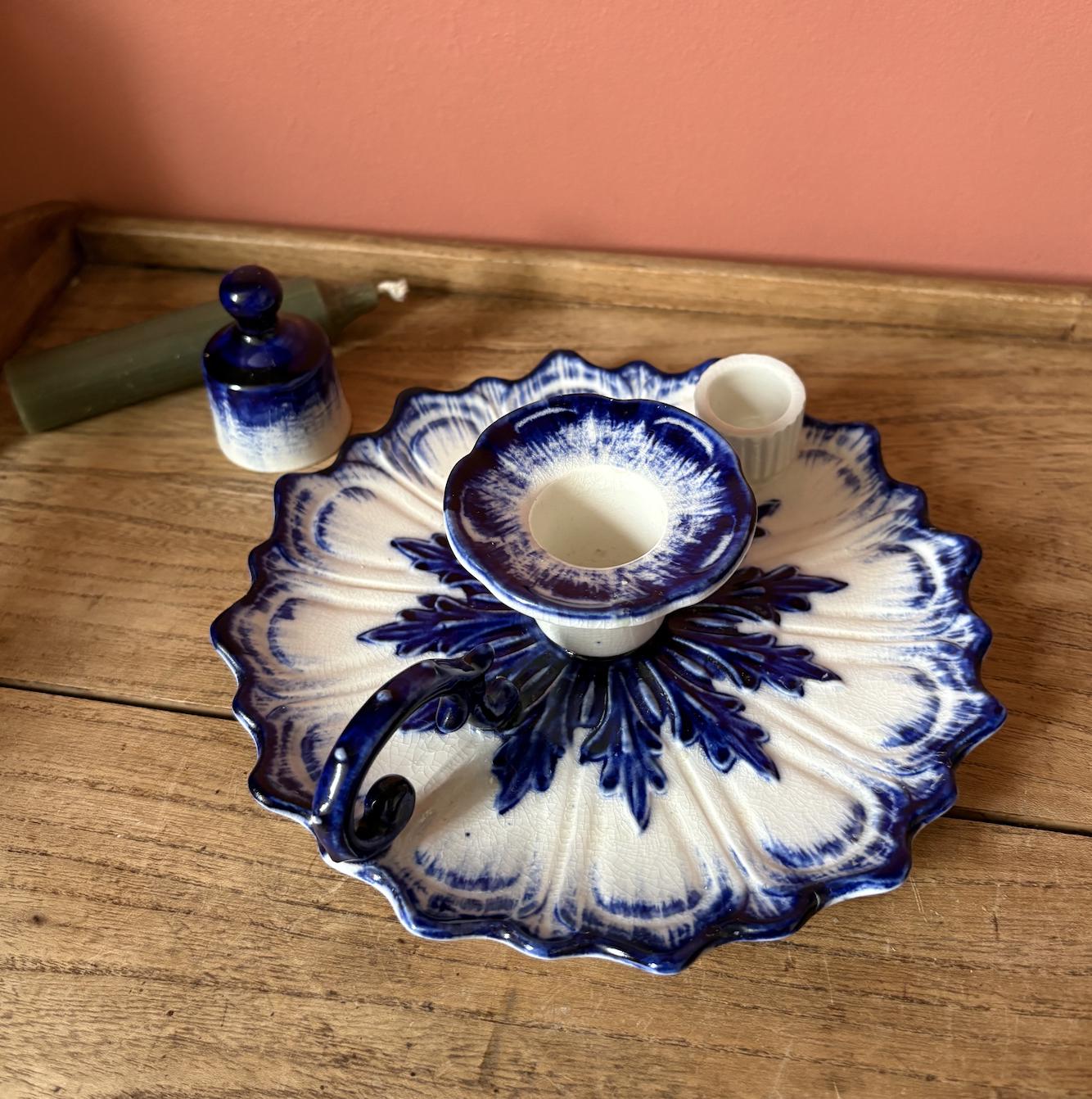 Royal Staffordshire Cobalt Blue and White Ceramic Chamber Stick with Snuf
