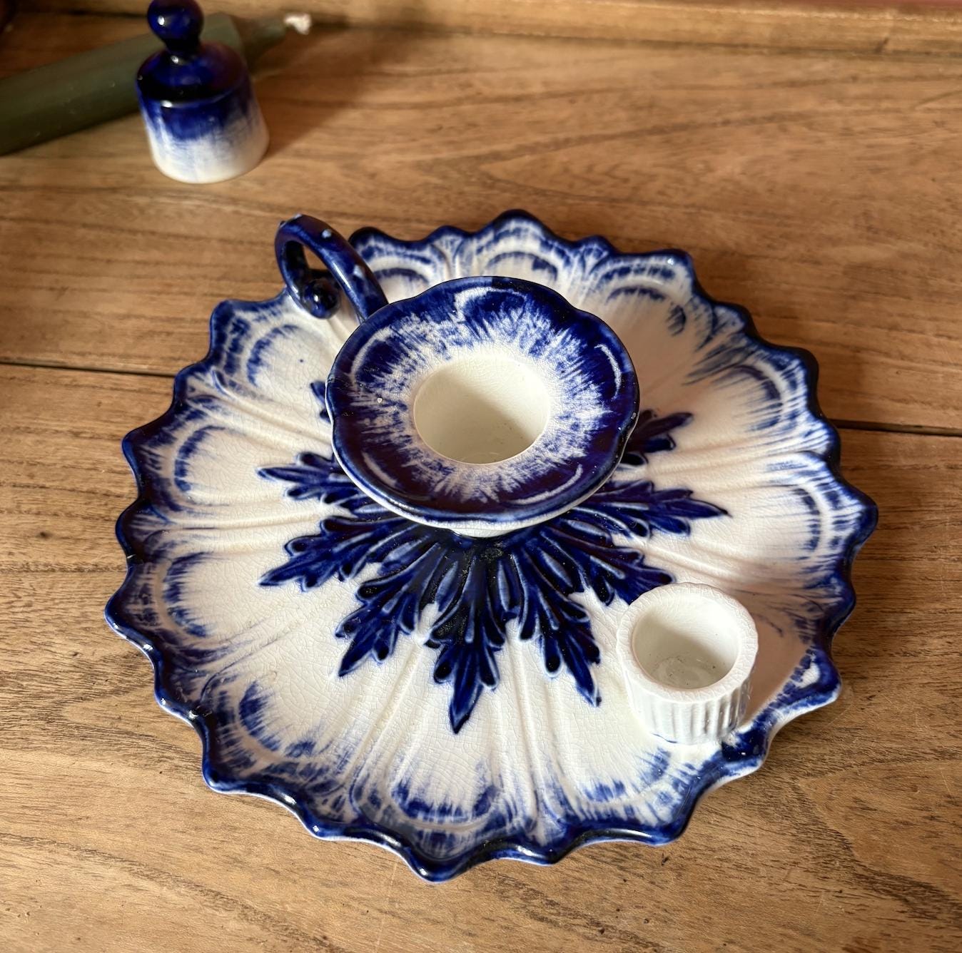 Royal Staffordshire Cobalt Blue and White Ceramic Chamber Stick with Snuf