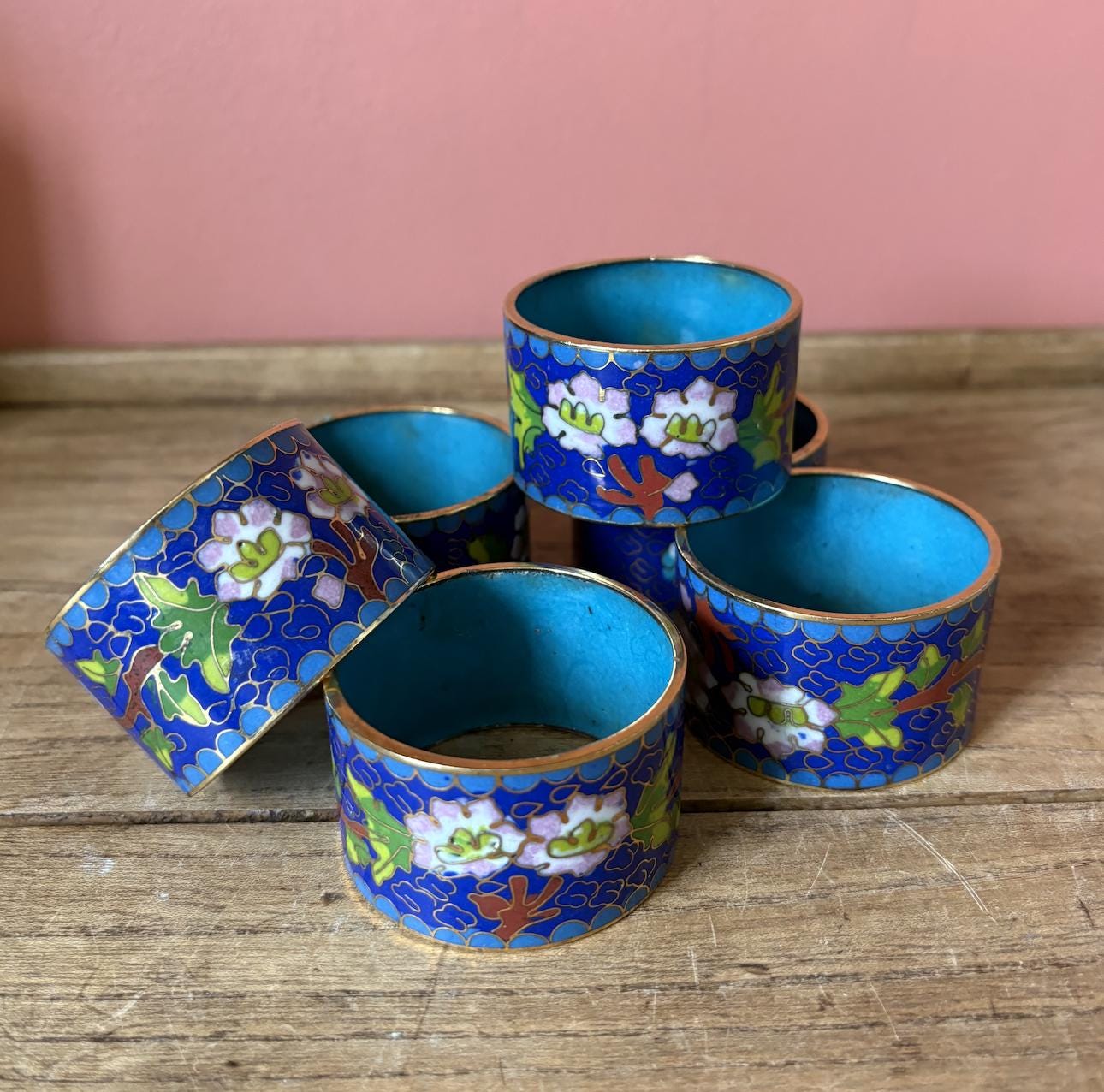 Set of 6 Enamel & Brass Cloisonne Napkin Rings