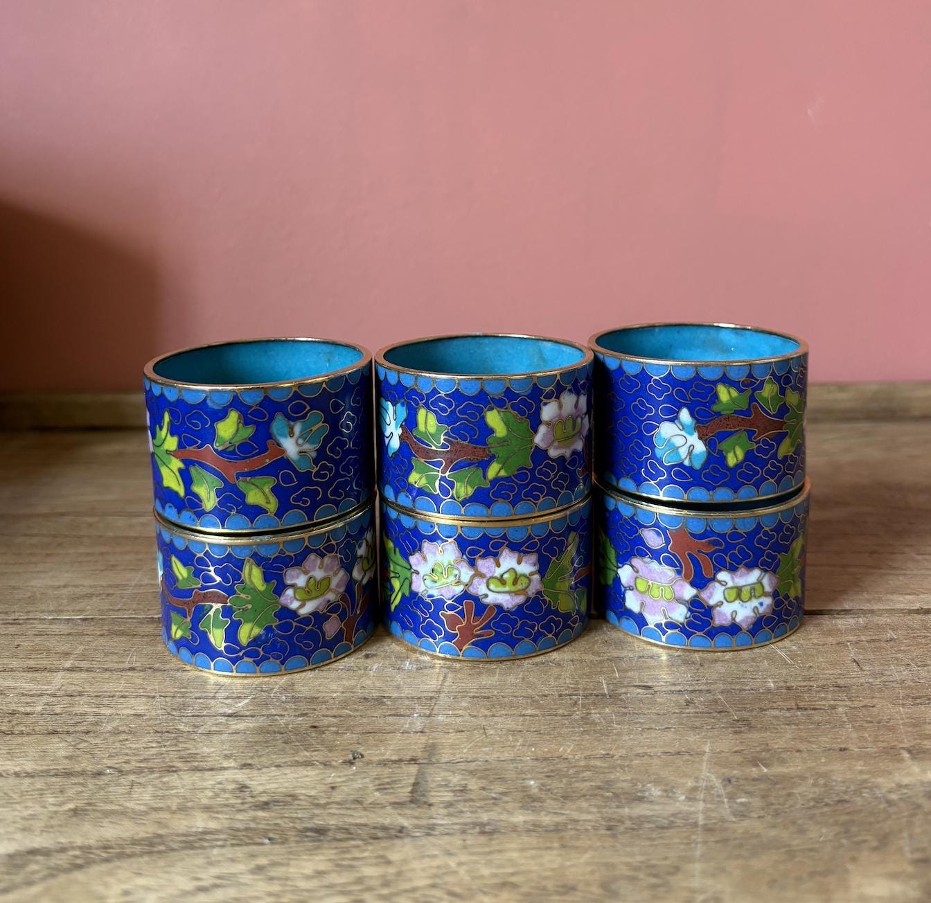 Set of 6 Enamel & Brass Cloisonne Napkin Rings