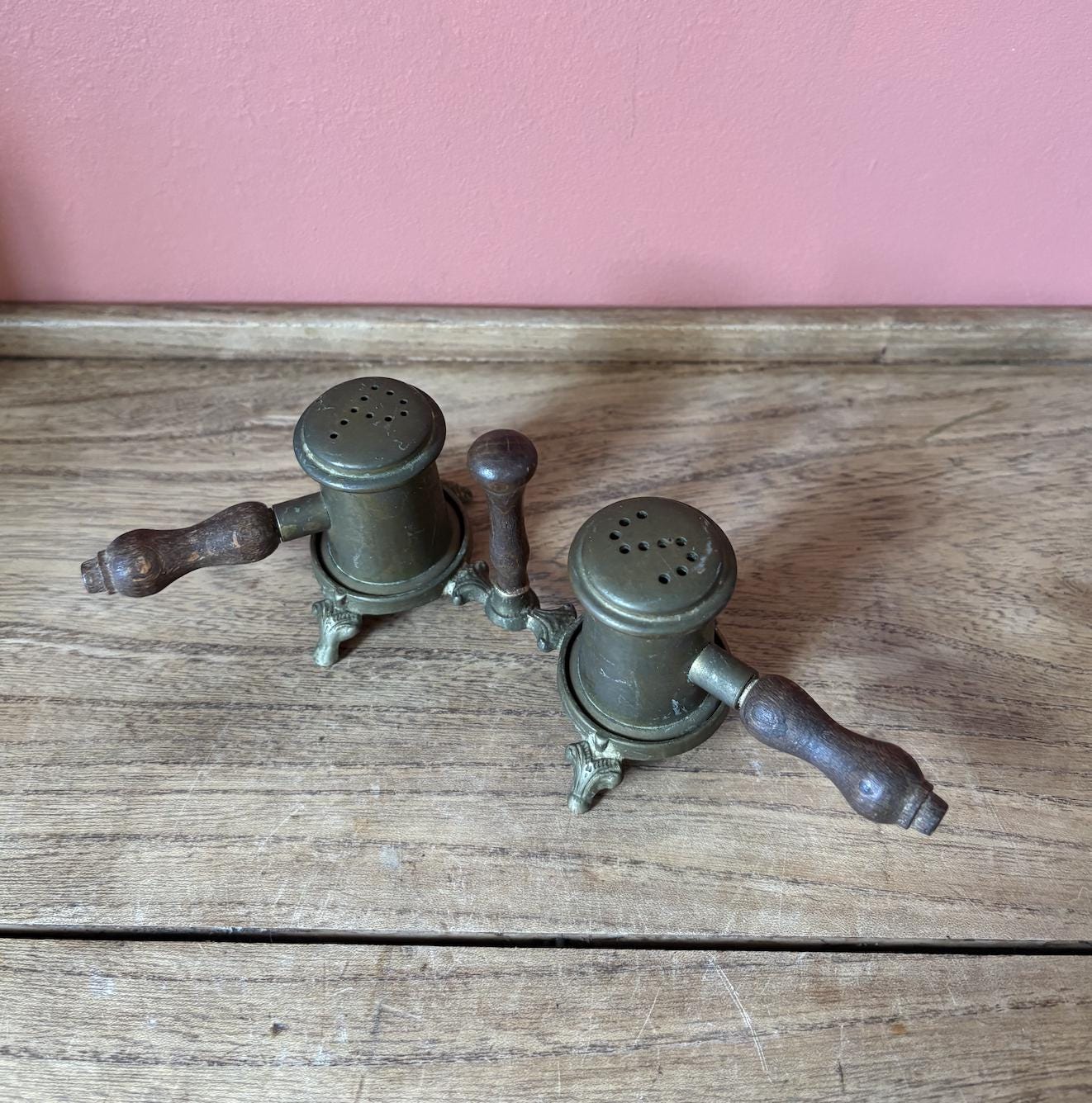 Brass and Wood Salt Pepper Shakers