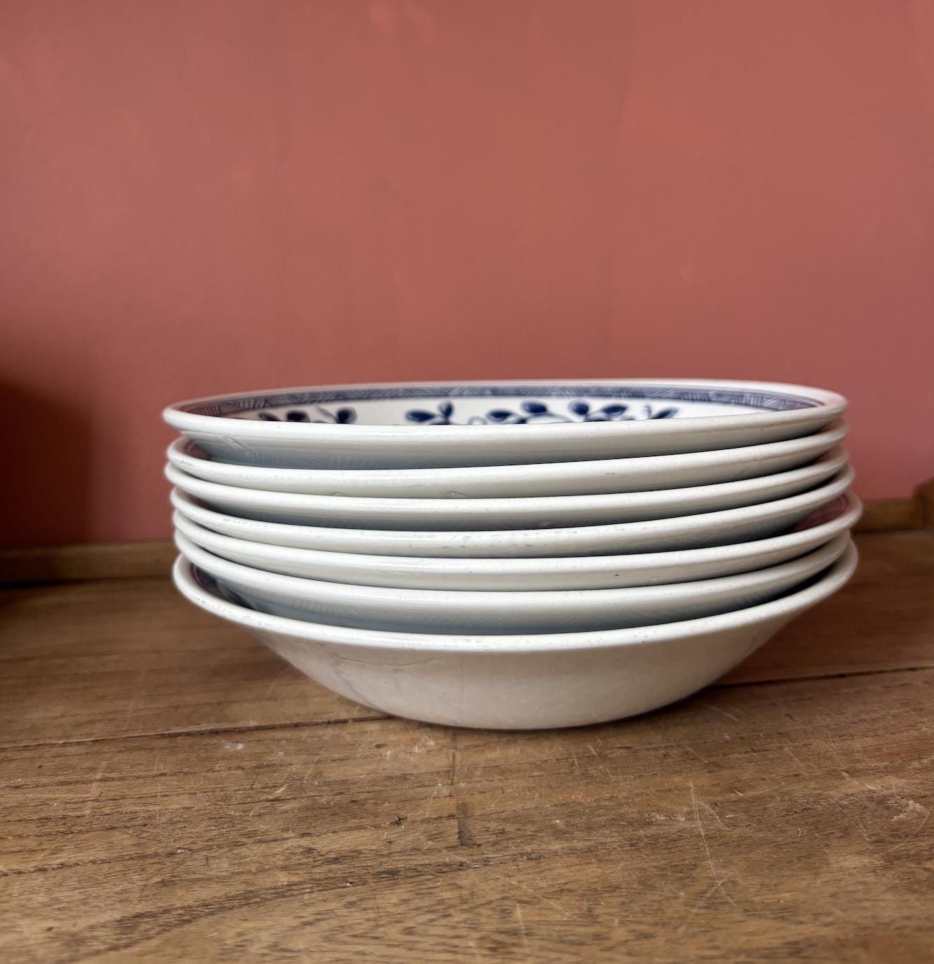 Set of Seven Blue & White Floral Pasta Bowls