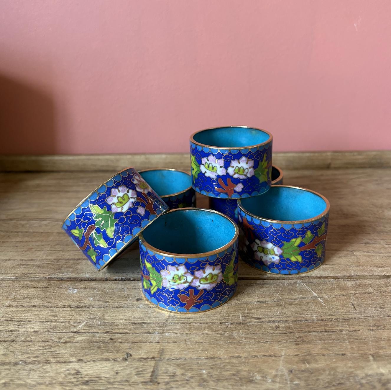 Set of 6 Enamel & Brass Cloisonne Napkin Rings