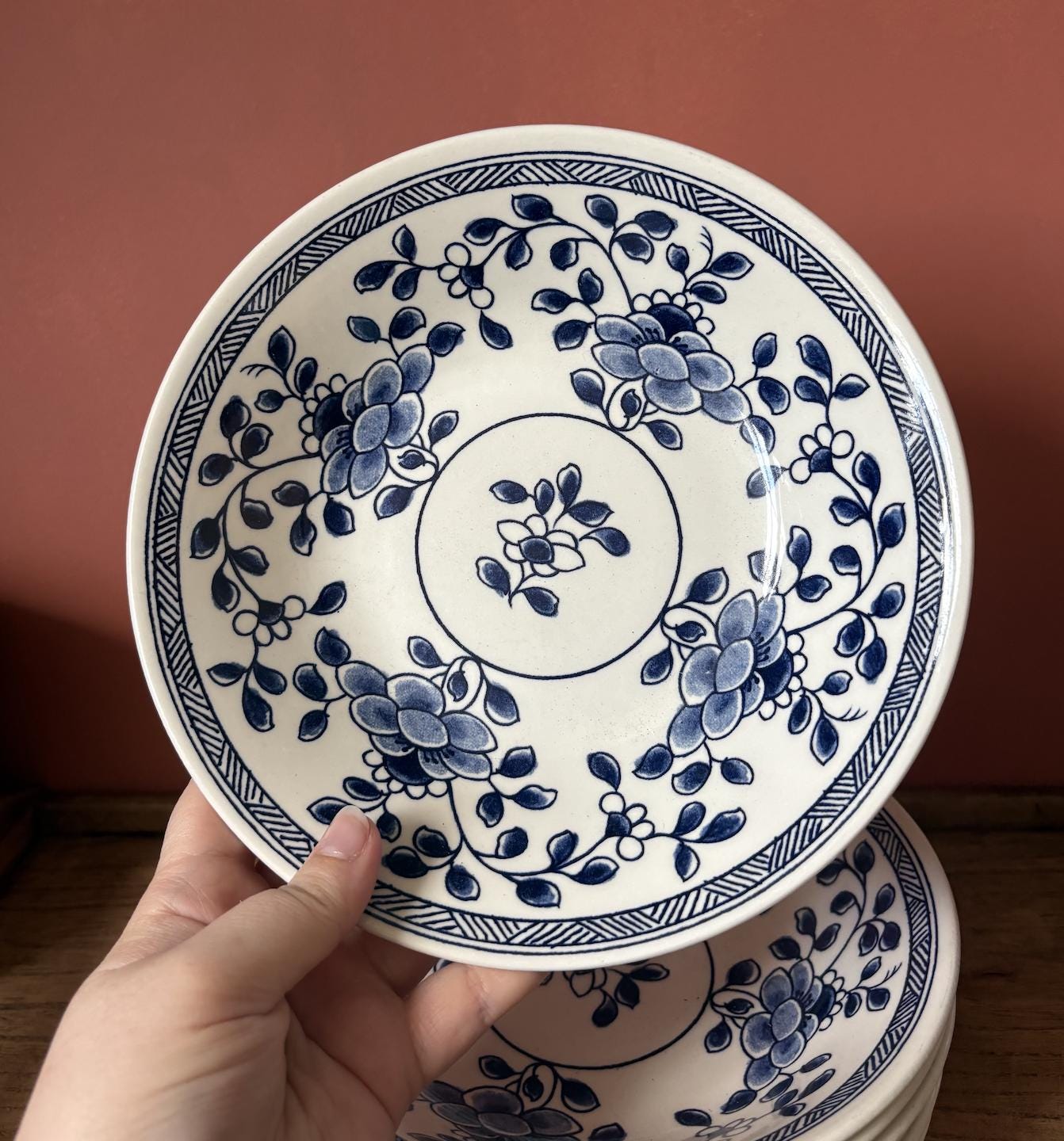 Set of Seven Blue & White Floral Pasta Bowls