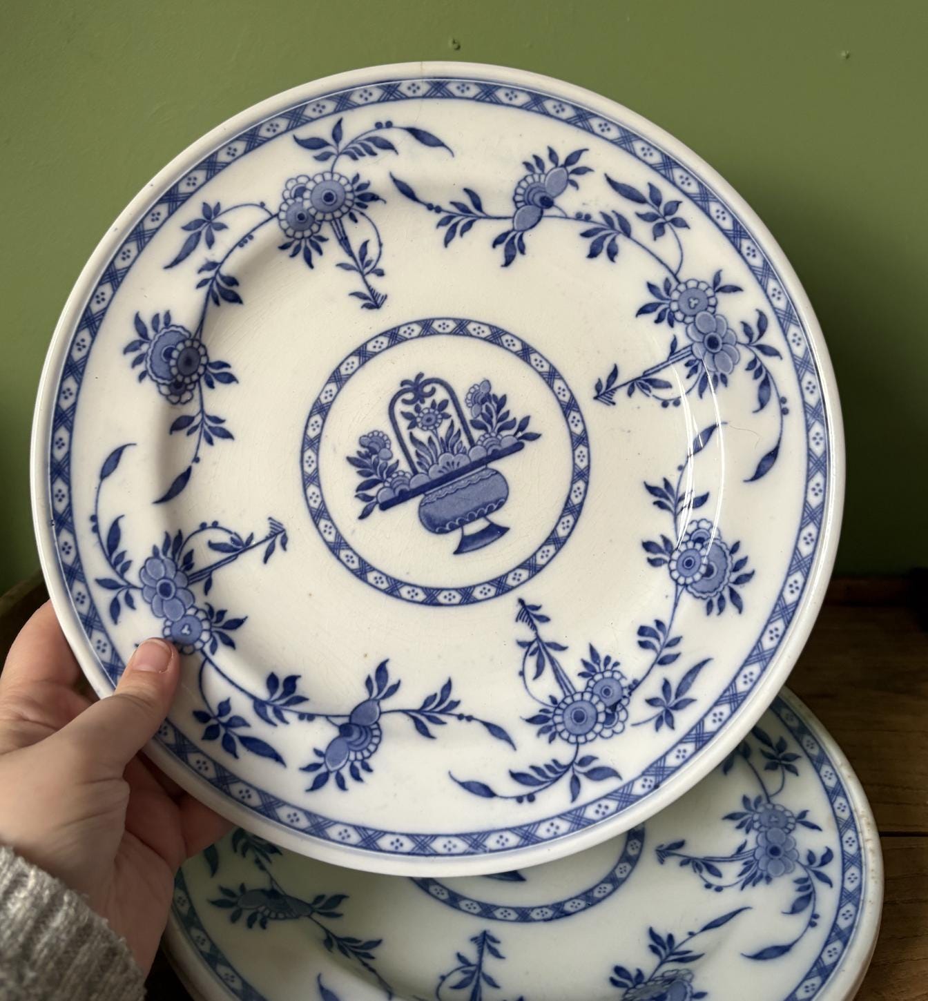Three Large Minton Delph Blue and White Plates