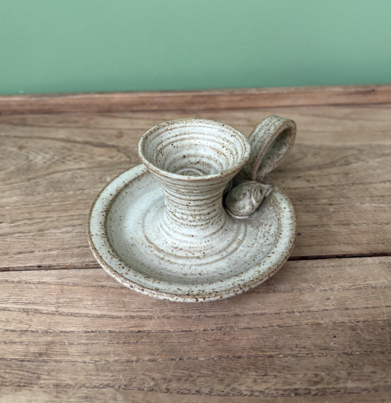 Stoneware Glazed Candle Holder | Chamber Stick Featuring Mice